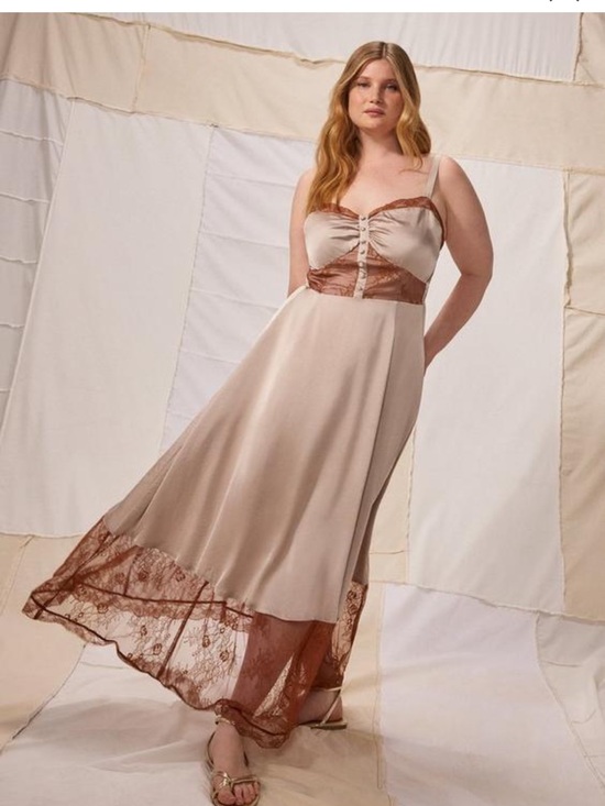 torrid Dresses & Skirts - torrid Beige Satin Maxi Dress with Brown Lace Trim